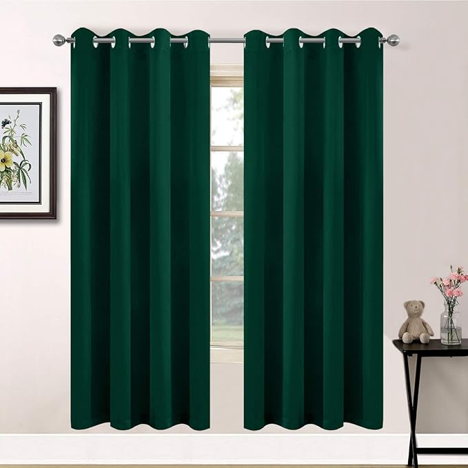 Yakamok Light Blocking Blackout Curtains， Thermal Insulated Room Darkening Drapes for Bedroom, Solid Grommet Top Window Curtains, 52x72 Inch, Dark Green, 2 Panels