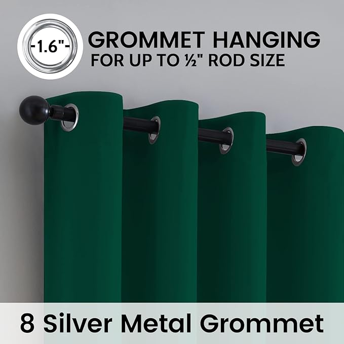 SimpleHome 100% Blackout Curtains for Bedroom,Thermal Insulated Grommet Window Drapes Room Darkening Dark Green Curtains for Living Room with Black Back,52 x 63 Inch,2 Panels