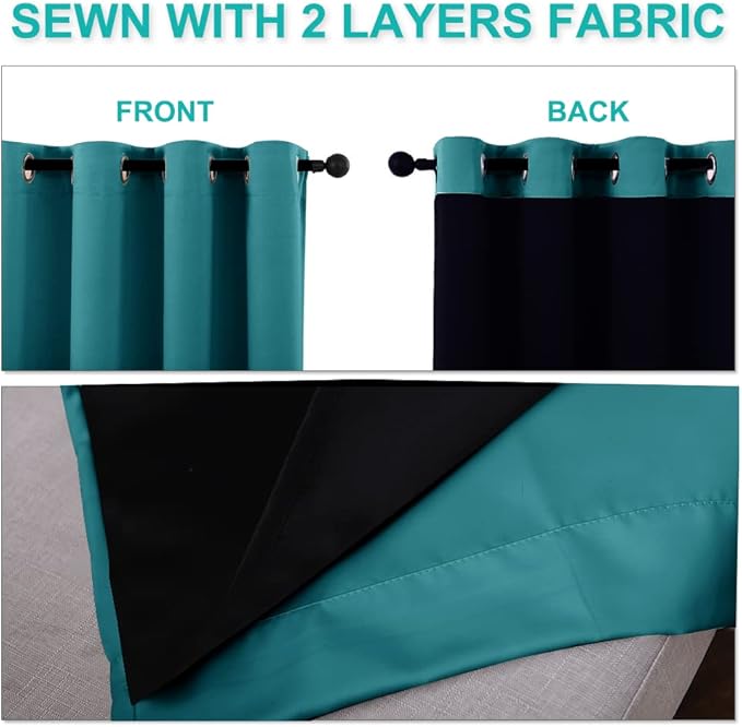NICETOWN Full Shade Curtain Panels, 37" Wide x 70" Long, Peacock Teal, Pair of Thermal Insulated & Energy Efficiency Blackout Drapes for Living Room, Lined Silky Performance Window Dressing