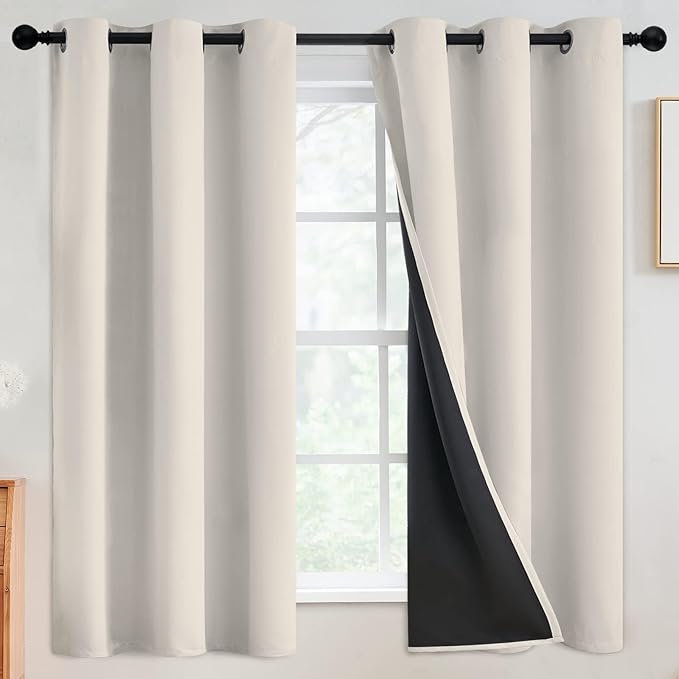 SimpleHome 100% Blackout Curtains for Bedroom,Thermal Insulated Grommet Window Drapes Room Darkening Cream Curtains for Living Room with Black Back,42 x 63 Inch,2 Panels