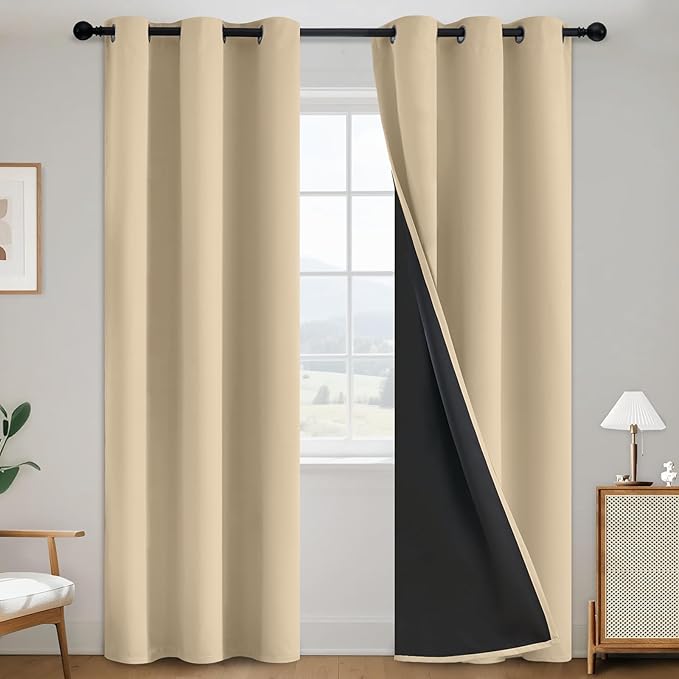 SimpleHome 100% Blackout Curtains for Bedroom,Thermal Insulated Beige Grommet Window Drapes Room Darkening Curtains for Living Room with Black Back,38 x 84 Inch,2 Panels