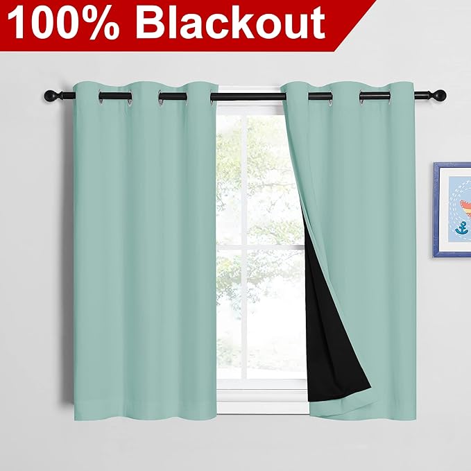 NICETOWN Aqua Blue 100% Blackout Curtains 45 inches Long, 2 Thick Layers Completely Blackout Window Treatment Thermal Insulated Lined Drapes for Small Window (1 Pair, 42 inches Width Each Panel)
