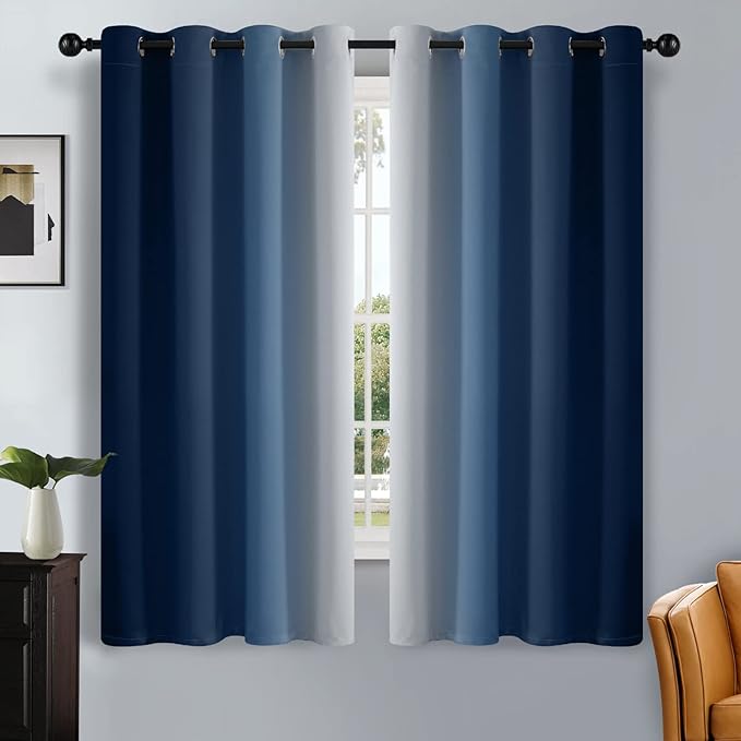 SimpleHome Ombre Room Darkening Curtains for Living Room, Light Blocking Gradient Blue to Greyish White Thermal Insulated Grommet Window Curtains/Drapes for Bedroom, 2 Panels, 52x63 inches Length