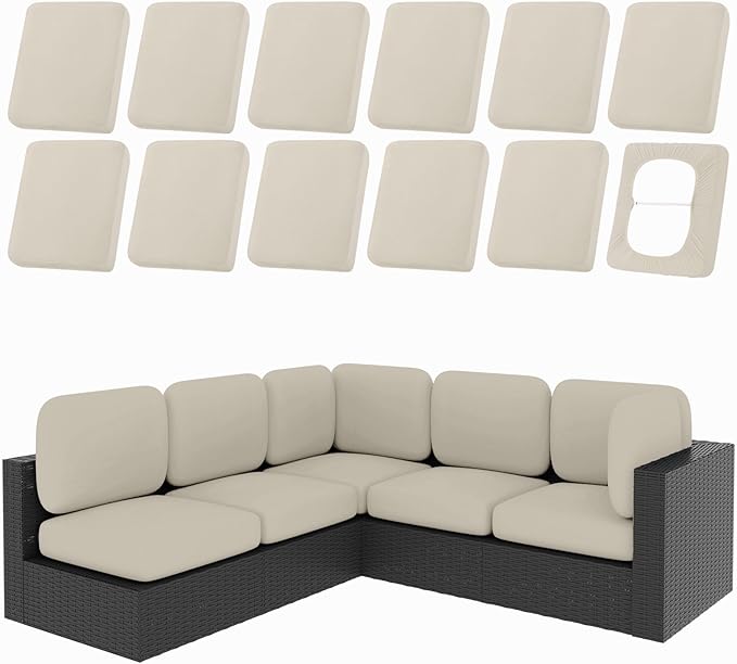 hyha 12Pcs Patio Cushion Covers, Stretch Outdoor Couch Cushion Covers Replacement, Washable Outdoor Chair/Sofa Slipcovers for Patio Furniture Cushions Protector with Elastic Bottom(Taupe,Cover Only)
