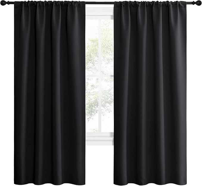 NICETOWN Living Room Blackout Shades - All Season Rod Pocket Thermal Insulated Solid Blackout Curtains/Drapes for Living Room (Set of 2, 42 inches by 72 Inch, Black)