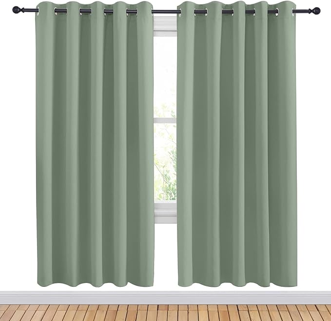NICETOWN Greyish Green Blackout Draperies Curtains for Kids Room, Window Treatment Thermal Insulated Solid Grommet Blackout Drape Panels for Bedroom (Set of 2, 70 by 72 inches)