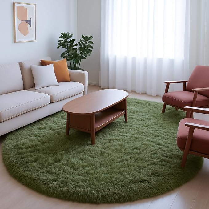 Amdrebio Olive Green Round Rug 5Ft for Living Room Bedroom, Fluffy Shaggy Modern Circle Area Rugs for Kids Room, Soft Plush Fuzzy Shag Carpet for Playroom Office Dorm Nursery Classroom, Home Decor