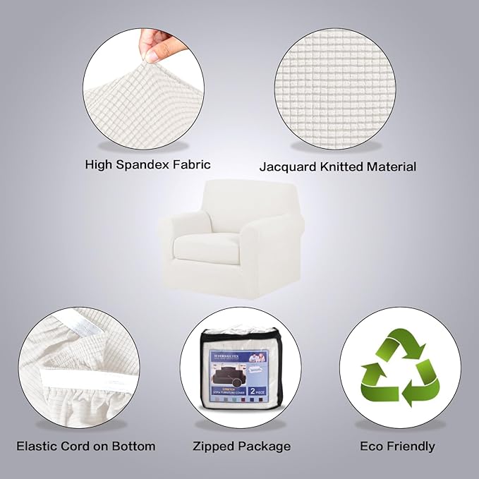 H.VERSAILTEX 2 Piece Couch Cover Stretch Stylish Chair Cover Furniture Protector Featuring Jacquard Textured Twill Fabric High Spandex Slipcover (Chair, Porcelain White)
