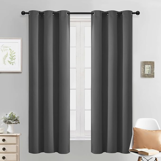 Yakamok Blackout Grey Curtains for Bedroom/Living Room Thermal Insulated, 38" Wide x 63" Long Each Panel,Grommet Top (Set of 2 Panels, Charcoal Grey)