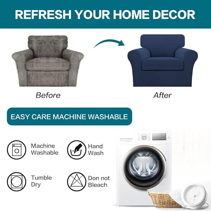 Turquoize 2 Piece Chair Covers Chair Slipcovers for Living Room Armchair Couch Cover Chair Sofa Cover with Individual Cushion Covers Furniture Cover for Chairs Feature Jacquard Fabric (Chair, Navy)