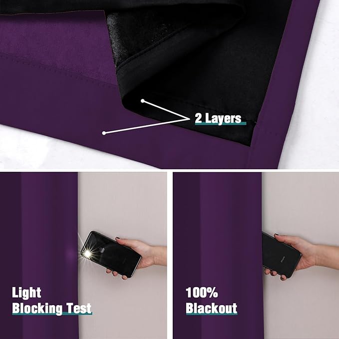 ChrisDowa 100% Blackout Curtains for Bedroom with Black Liner, 2 Thick Layers Total Blackout Thermal Insulated Grommet Window Curtains 2 Panels Set (Royal Purple, 52 x 45 Inch)
