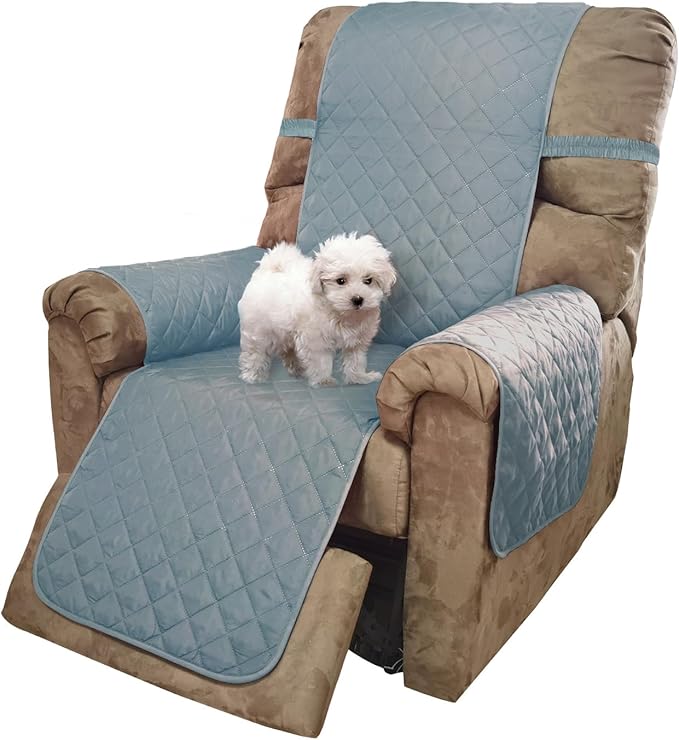 U-NICE HOME Recliner Chair Covers Reversible Quilted Water Repellent Pet Protectors with Elastic Straps (23''Recliner Small, Light Blue/Beige)