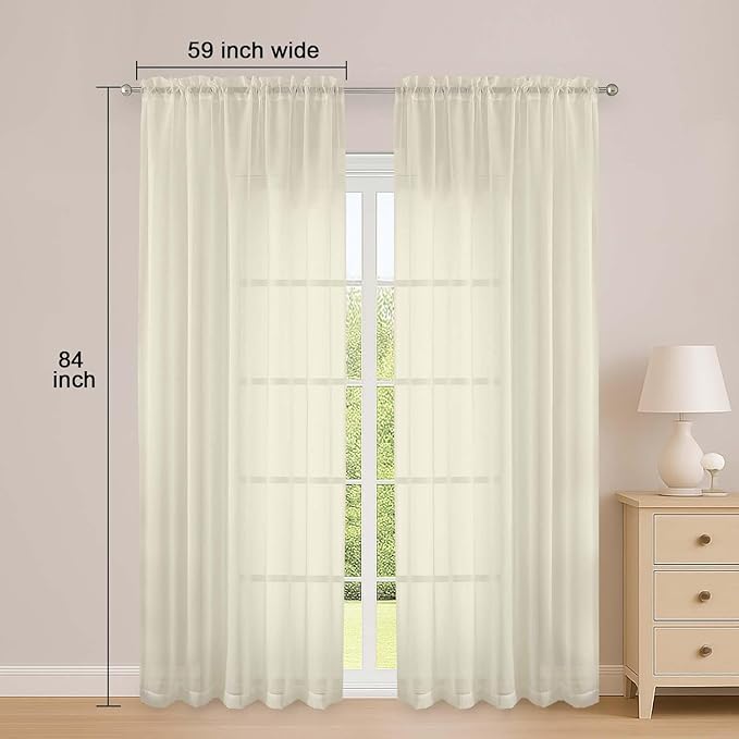 OWENIE Sheer Curtains 84 Inches Long 2 Panels Set, Sheer Cream Curtains for Living Room Bedroom 59 Inch Extra Wide, Modern Voile Filmy Rod Pocket Drapes, 2 Pcs, Each 59 W x 84L, Cream