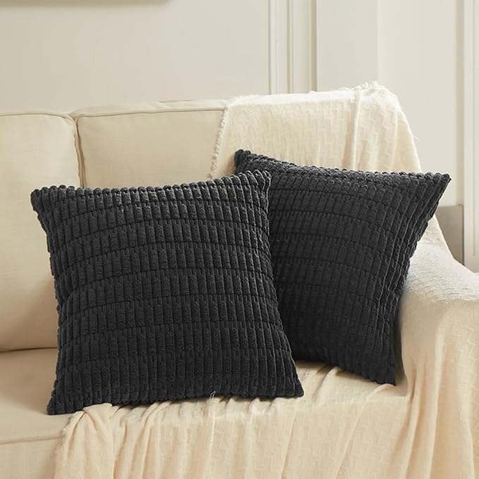 Fancy Homi 4 Packs Boho Black Decorative Throw Pillow Covers 20x20 Inch for Living Room Couch Bed Sofa, Rustic Modern Farmhouse Home Decor, Soft Plush Corduroy Square Cute Cushion Case 50x50 cm