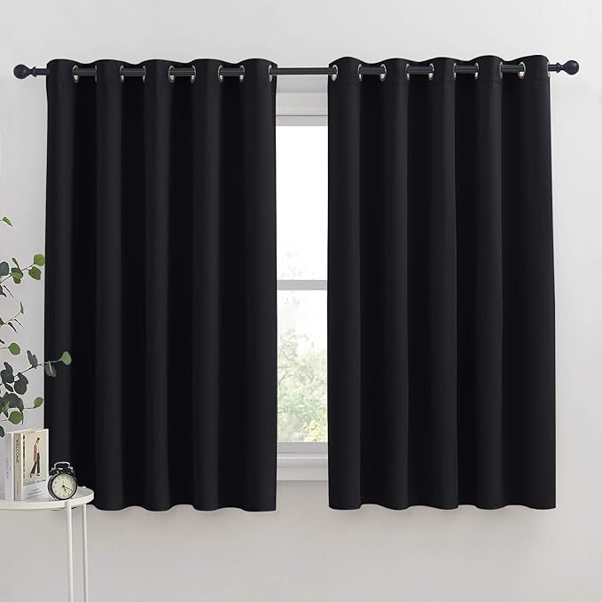 NICETOWN Bathroom Blackout Curtains and Drapes, Black Solid Thermal Insulated Grommet Blackout Drapery Panels for Window (2 Panels, 70 inches Wide by 63 inches Long, Black)