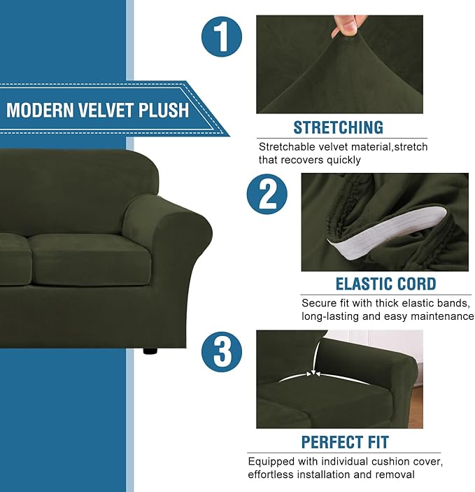 H.VERSAILTEX Rich Velvet Stretch 2 Piece Cover Chair Slipcover Sofa Cover Furniture Protector Couch Soft with Elastic Bottom Chair Couch Cover Width Up to 49 Inch (Chair, Olive)