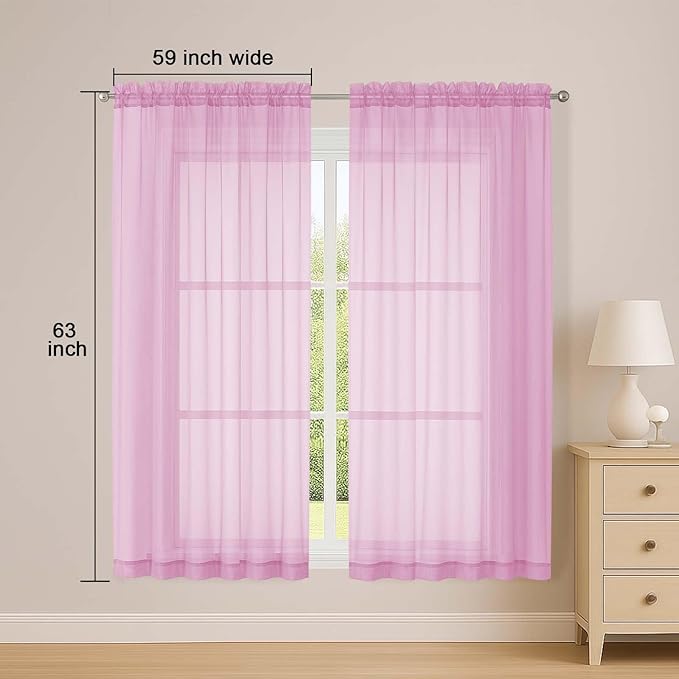 OWENIE Sheer Pink Curtains, Sheer Curtains 63 inch Length 2 Panels Set, Rod Pocket Voile Fimly Sheer Drapes for Living Room Bedroom, 2pcs, Pink, Each 59" W x 63" L