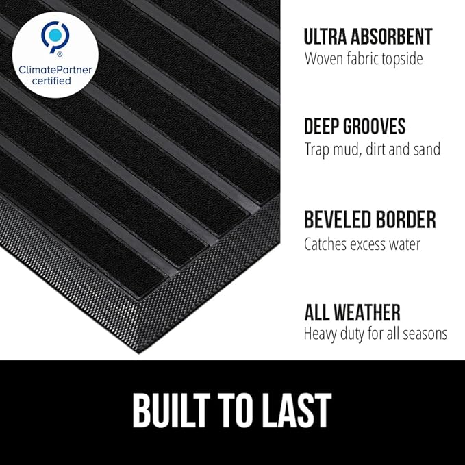 GORILLA GRIP 100% Waterproof All-Season WeatherMAX Doormat US Designed Natural Rubber, Stain and Fade Resistant, Low Profile Indoor Outdoor Door Mats, Easy Clean Patio Mat, 23x35, Black Stripe