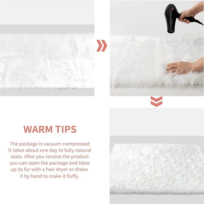 Ciicool White Fur Fluffy Rug, 2x4 ft Small Faux Fur Rug for Bedroom, Washable Faux Sheepskin Rugs for Sofa Couch Seat Cushion, Thick Shaggy Furry Rugs Floor Carpets for Bedside Living Room