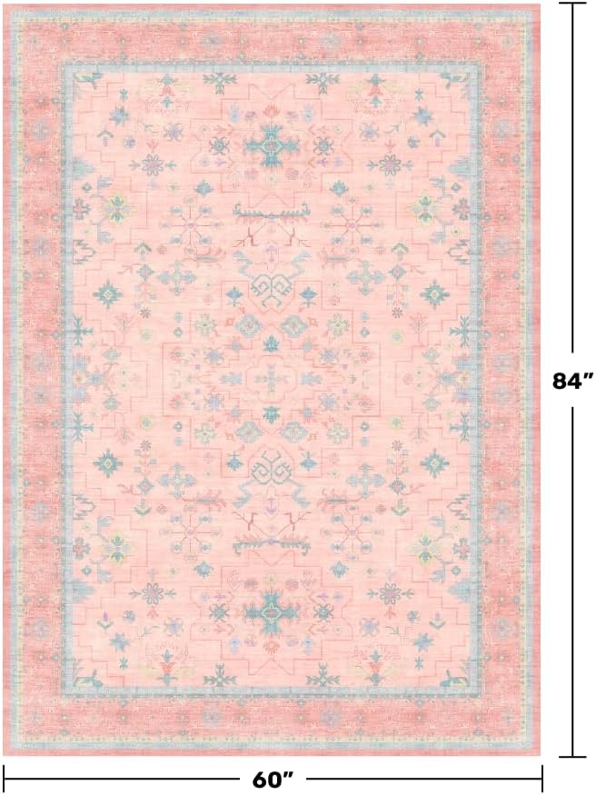 Pink Rugs for Bedroom Girls, 5x7 Washable Area Rug for Living Room Nursery Kids Baby Playroom Indoor Decor, Oushak Floral Vintage Low Pile Boho Non Slip Foldable Carpet