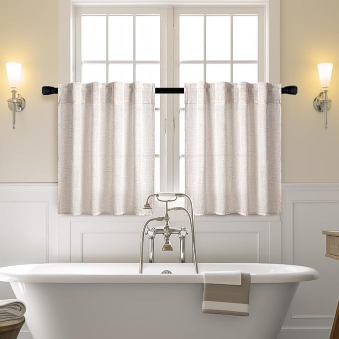 MIULEE Farmhouse Kitchen Curtains 24 Inch Length 2 Panels, Soft Thick Linen Textured Natural White Semi Sheer Light Filtering Short Cafe Tier Curtains for Small Half Window Back Tab Rod Pocket