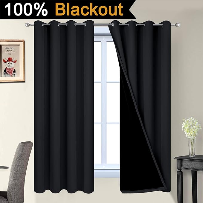 Yakamok 63 Inch Length 100% Blackout Curtains for Bedroom, 2 Thick Layers Thermal Insulated Grommet Total Blackout Drapes with Black Liner for Living Room (52Wx63L,Black, 2 Panels)