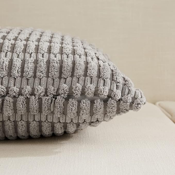 Fancy Homi 4 Packs Neutral Long Lumbar Decorative Throw Pillow Covers 14x24 Inch for Living Room Couch Bed, Boho Home Decor, Soft Striped Corduroy Rectangle Accent Grey Cushion Case 35x60 cm