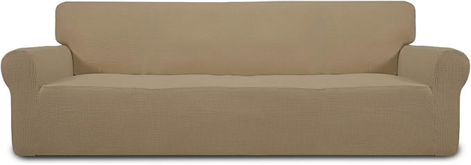 Easy-Going Stretch 4 Seater Sofa Slipcover 1-Piece Sofa Cover Furniture Protector Couch Soft with Elastic Bottom for Kids, Polyester Spandex Jacquard Fabric Small Checks Tan