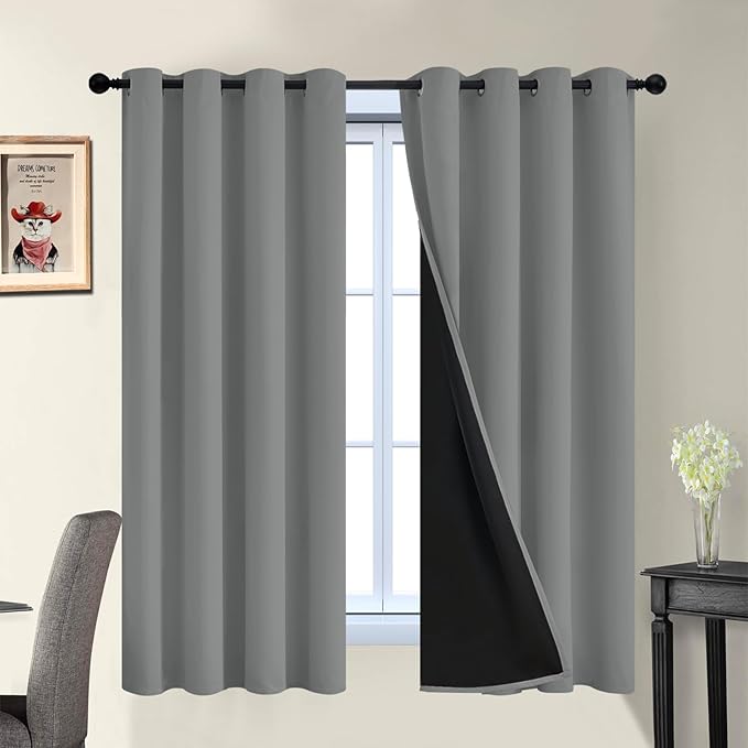 Yakamok Dove Grey 100% Blackout Curtains, Thermal Insulated Total Blackout Drapes for Bedroom, Heat Blocking Window Curtains for Living Room(52Wx63L, 2 Panels)