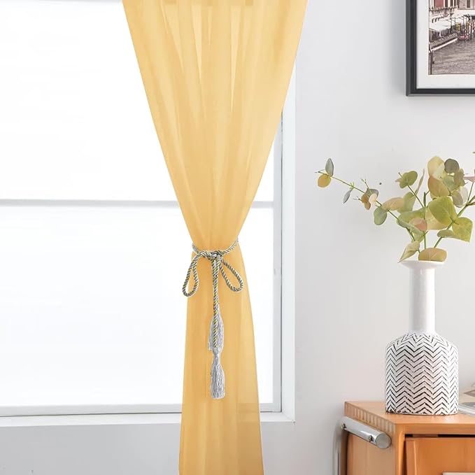 SpaceDresser Basic Rod Pocket Sheer Voile Window Curtain Panels Gold 1 Pair 2 Panels 52 Width 54 Inch Long for Kitchen Bedroom Children Living Room Yard（Gold, 52W x 54L）