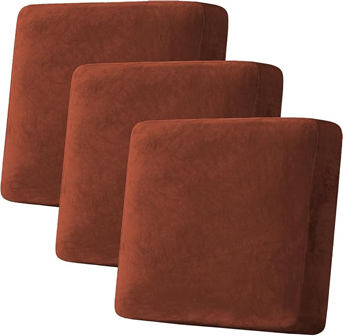 H.VERSAILTEX Velvet Stretch Couch Cushion Cover Plush Cushion Slipcover for Chair Loveseat Sofa Cushion Furniture Protector Seat Cushion Sofa Cover (3 Piece XL Sofa Cushion Covers, Rust)
