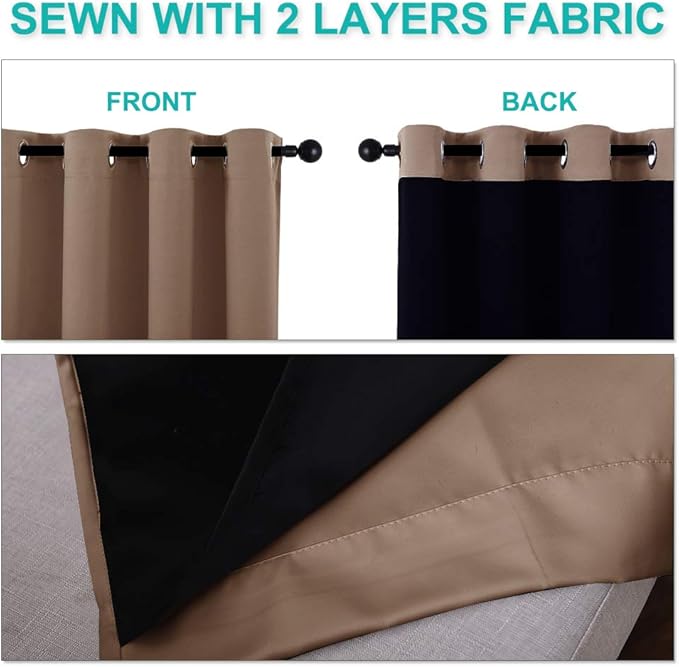 NICETOWN 100% Blackout Curtains Thermal, Noise Reduction and Privacy Curtains for Patio Door, Black Lined Blackout Drapes with Grommet Top, Cappuccino, 1 Pair, W52 x L120