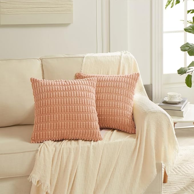Fancy Homi 4 Packs Peach Decorative Throw Pillow Covers 26x26 Inch for Living Room Couch Bed, Rustic Modern Farmhouse Boho Home Decor, Soft Plush Corduroy Cute Square Accent Cushion Case 66x66 cm