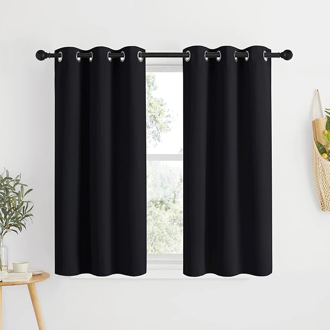 NICETOWN Bathroom Blackout Curtains and Drapes 48 inches Length, Black Solid Thermal Insulated Grommet Blackout Drapery Panels for Window (2 Panels, 34 inches Wide, Black)