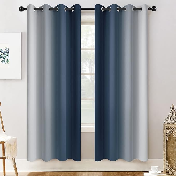 Yakamok Room Darkening Ombre Curtains 72 Inch Length, Navy Blue and Greyish White Thermal Insulated Gradient Color Curtains,Light Blocking Grommet Window Drapes for Bedroom,52 Inch Width,2 Panels
