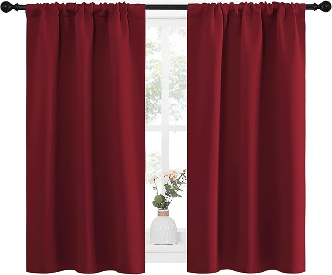 NICETOWN Christmas Burgundy Curtains Blackout Drape Panels - Lights Block Out Window Treatment Short Curtain Sets for Loft and Basement Decoration (Set of 2, 34 by 45-Inch)