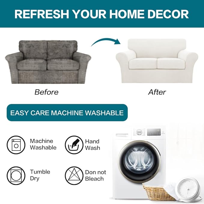 Turquoize 3 Piece Sofa Covers for 2 Cushion Couch Sofa Slipcover Soft Couch Cover for Dogs-Washable Sofa Furniture Cover with 2 Individual Cushion Covers, Feature Fabric (2 Cushion Sofa, Porcelain)