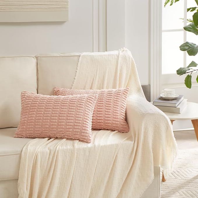 Fancy Homi 4 Packs Boho Pink Decorative Throw Pillow Covers 12x20 Inch for Living Room Couch Bed Sofa, Rustic Modern Farmhouse Home Decor, Soft Plush Corduroy Cute Square Cushion Case 30x50 cm