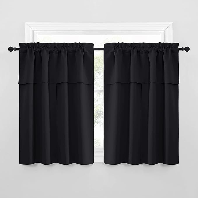 NICETOWN Black Blackout Curtains with Attached Valance, Solid Room Darkening Window Treatment Drapes/Draperies for Bedroom (2 PCs, 52 inches Wide by 45 inches Long)