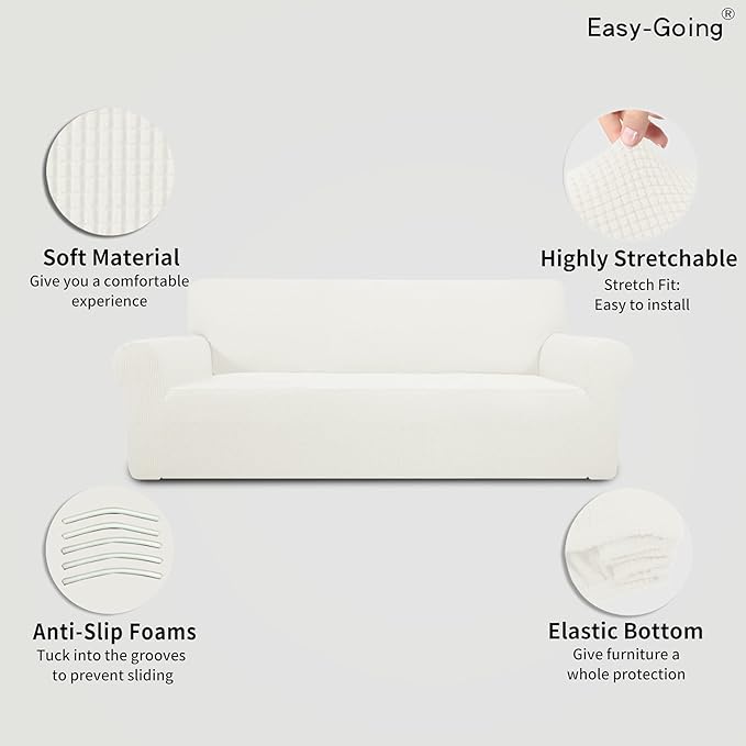 Easy-Going Stretch Oversized Sofa Slipcover 1-Piece Sofa Cover Furniture Protector Couch Soft with Elastic Bottom for Kids, Polyester Spandex Jacquard Fabric Small Checks Cream