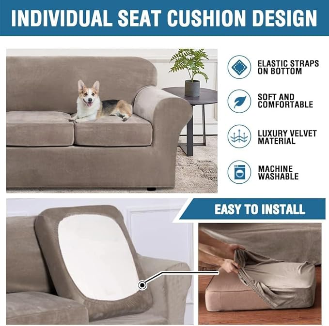 H.VERSAILTEX High Stretch Sofa Slipcover 4 Piece Cover Velvet Furniture Protector Form Fit Thick Velvet Extra Large Sofa Cover for 3 Cushion Couch Width Up to 97 Inch (Large Sofa, Taupe)