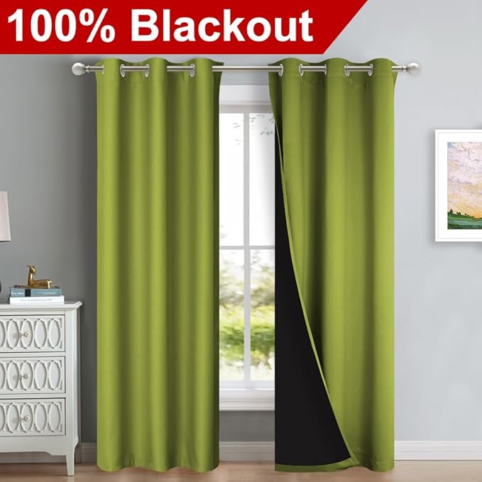 NICETOWN Blackout Curtains 84 inches Long, 2 Pieces, 42" Wide Each Panel, Fresh Green, Full Light Blocking Drapes with Black Liner for Nursery, Thermal Insulated Draperies for Hall, Villa