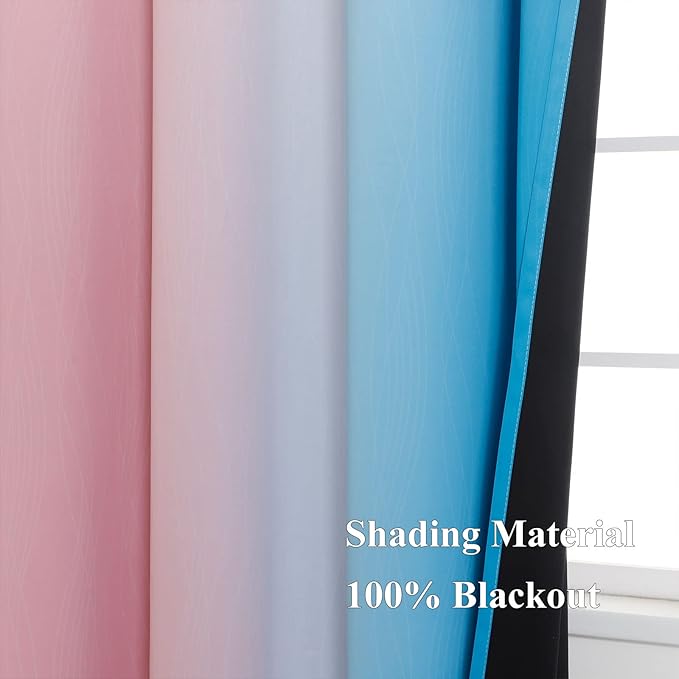 Estelar Textiler Pink and Blue Curtains 63 Inch Length 2 Panels, Ombre Total Blackout Curtains for Bedroom, Grommet Thermal Insulated Gradient Blackout Drapes for Kids Room, 42x63 Inch