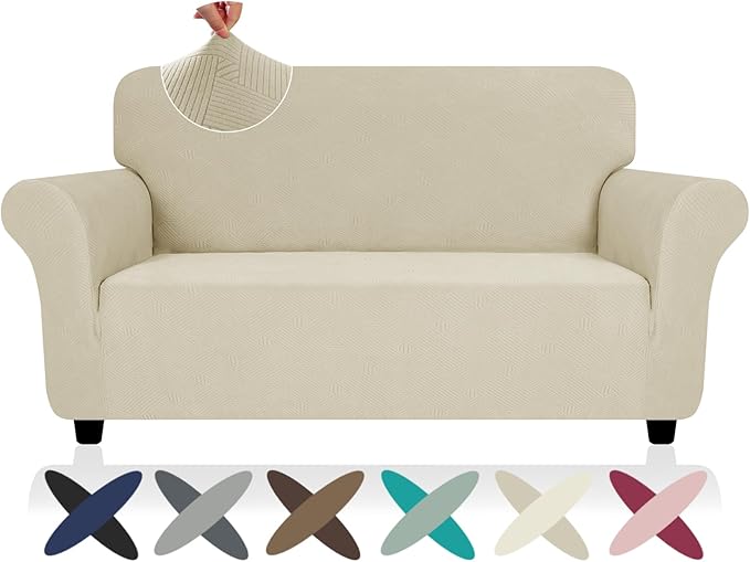 ZNSAYOTX Super Stretch Loveseat Covers (57"-70"), New Striped Love Seat Slipcover, Dogs Pet Friendly Anti-Slip Couch Protector Spandex Durable 2 Seater Fabric Sofa Cover (Khaki, Loveseat)