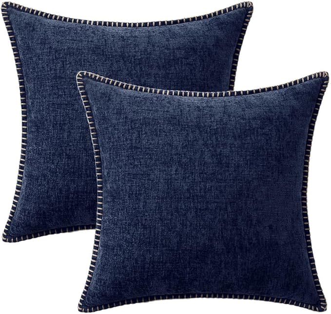 MIULEE Pack of 2 Couch Throw Pillow Covers 18x18 Inch Navy Blue Farmhouse Decorative Pillow Covers with Stitched Edge Soft Chenille Solid Dyed Spring Pillow Covers for Sofa Bed Living Room