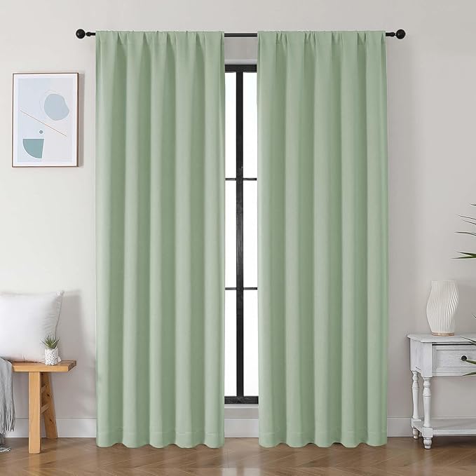 Simplebrand Ava Light Green Blackout Curtains for Bedroom 84 Inch Length 2 Panels Set, Solid Thermal Insulated Privacy Nursery Window Treatment Curtains Blackout Drapes, W50 x L84 Inch, Light Green
