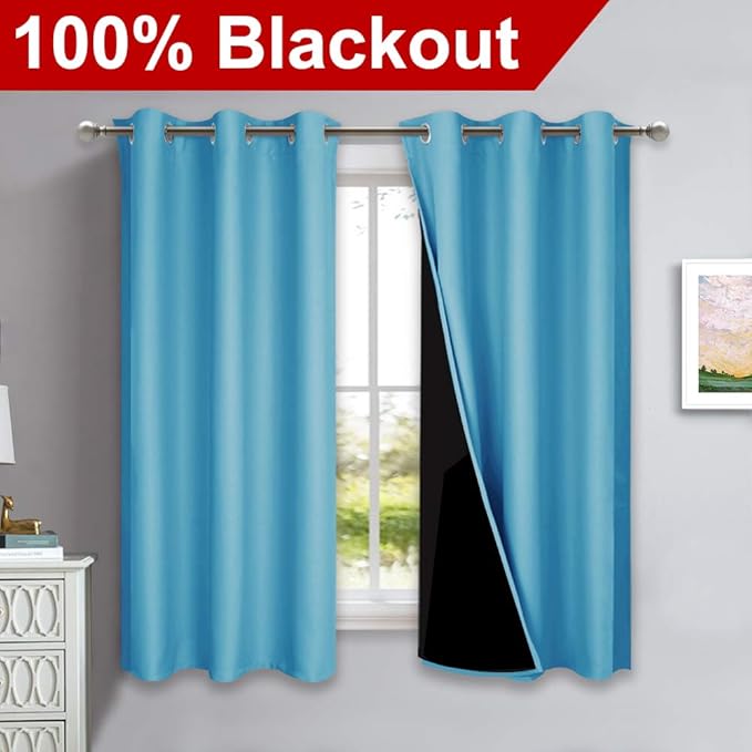 NICETOWN 100% Blackout Curtains 45 inches Long, Teal Blue, 1 Pair, 42 inches Width Each Panel, 2 Thick Layers Completely Blackout Window Treatment Thermal Insulated Lined Drapes for Small Window