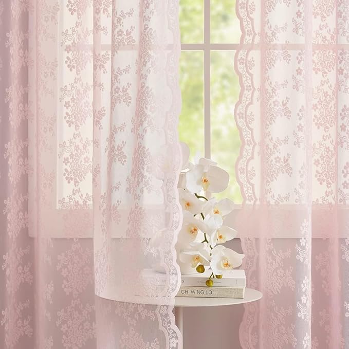 YJ YANJUN Vintage Lace Curtains 108 inches Long 2 Panels Cute Floral Pink Sheer Curtains for Sliding Door Backdrops Romantic Pricess Baby Girl Room Decor Light Filtering 52 x 108 Inch Light Pink