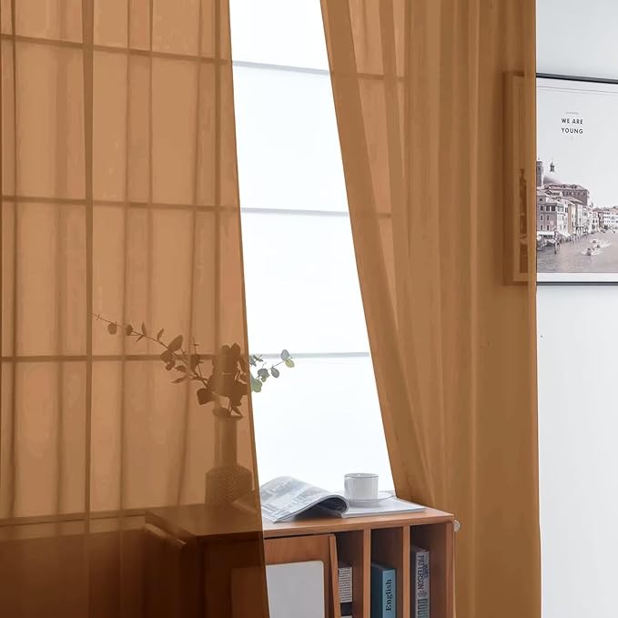 SpaceDresser Basic Rod Pocket Sheer Voile Window Curtain Panels Light Brown 1 Pair 2 Panels 52 Width 45 Inch Long for Kitchen Bedroom Children Living Room Yard（Light Brown, 52W x 45L）