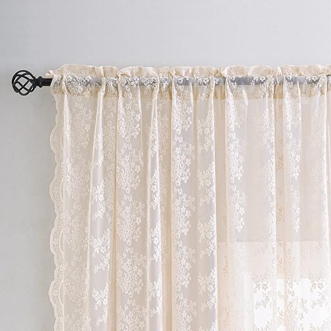 YJ YANJUN Vintage Lace Curtains 63 Inch Length 2 Panels Set Cute Floral Designs Dusty Pink Sheer Curtain Panels for Girls Bedroom with Wavy Edge Rod Pocket, 52 x 63 Inch, Blush Pink